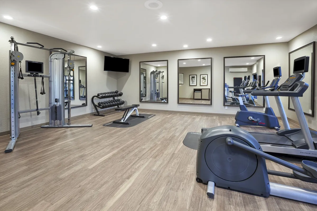 A vibrant fitness center showcasing a variety of workout equipment, including a weight machine, free weights rack, multiple treadmills, elliptical machines, and mirrored walls. The space is bright and motivational, encouraging exercise and healthy routines.